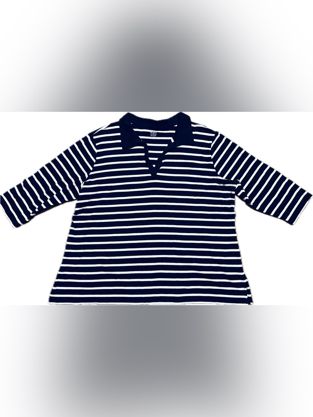 Kim Rogers Navy Blue & White Striped Collared Top 1X